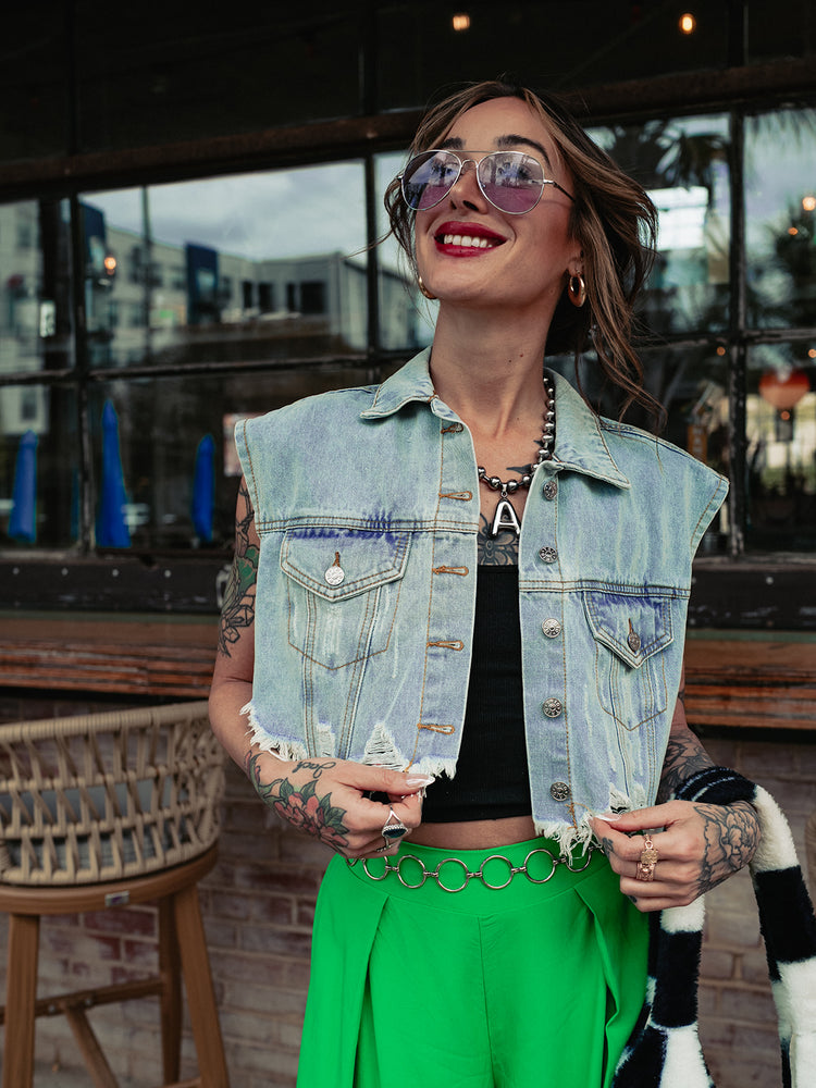 *RESTOCKED* GOOD VIBES ONLY DISTRESSED DENIM VEST