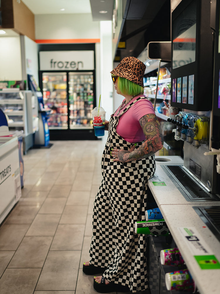 SKATER GIRL WIDE LEG CHECKERED OVERALLS