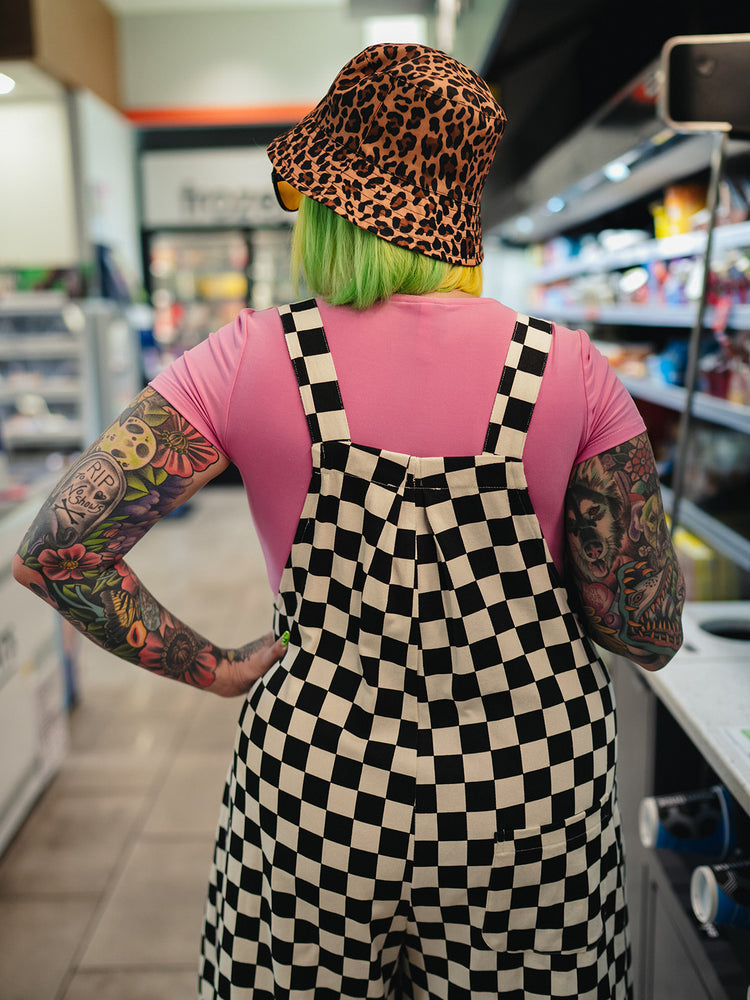 SKATER GIRL WIDE LEG CHECKERED OVERALLS