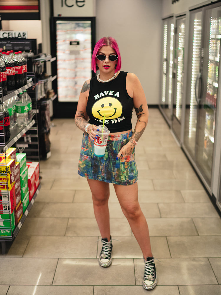 TEENAGE DIRTBAG SPLATTER PAINT DENIM SKORT