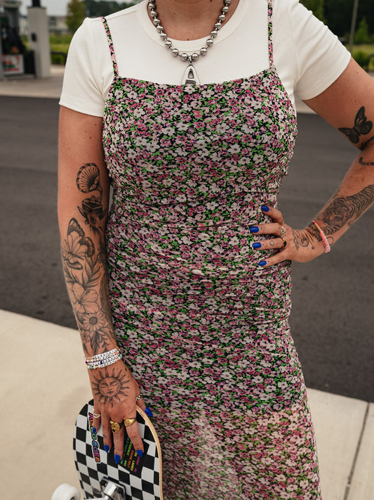 HE LOVES ME NOT FLORAL MESH DRESS