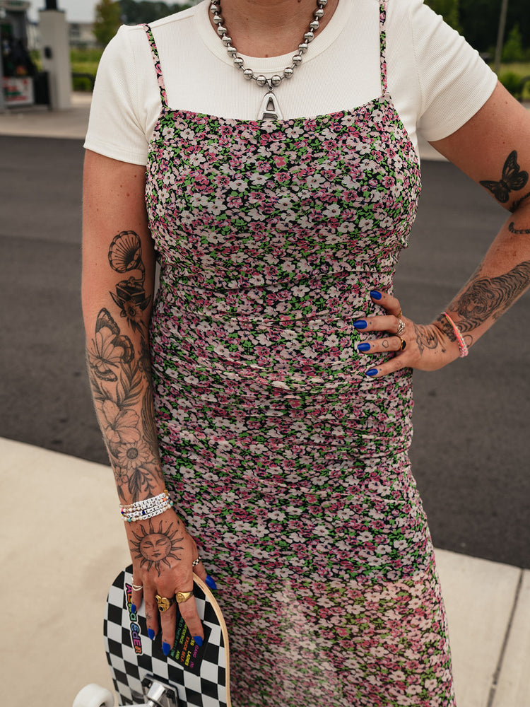 HE LOVES ME NOT FLORAL MESH DRESS
