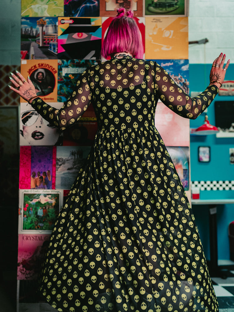 *PREORDER* ALORA EDEN EXCLUSIVE: FIERCE FEMALE MESH MAXI DRESS IN ALIEN INVASION S-3XL
