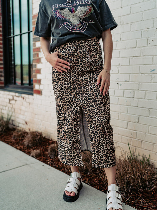 REBEL SOUL LEOPARD DENIM MAXI SKIRT S-XL