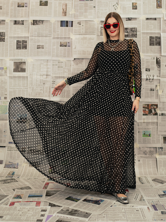 *PREORDER* FIERCE FEMALE MESH MAXI DRESS IN POLKA DOT S-3XL