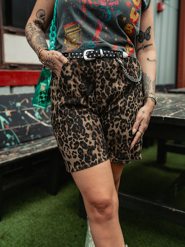 REBEL HEART LEOPARD PRINT DENIM SHORTS