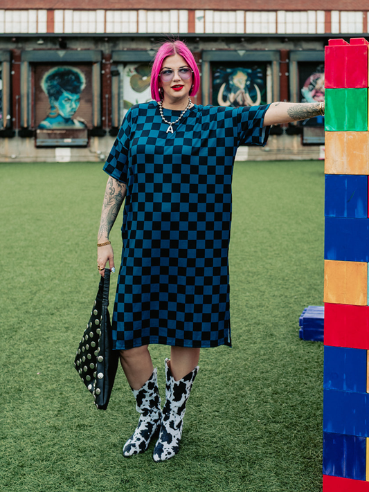 BLENDING IN IS BORING CHECKERED RIBBED DRESS IN TOTALLY TEAL