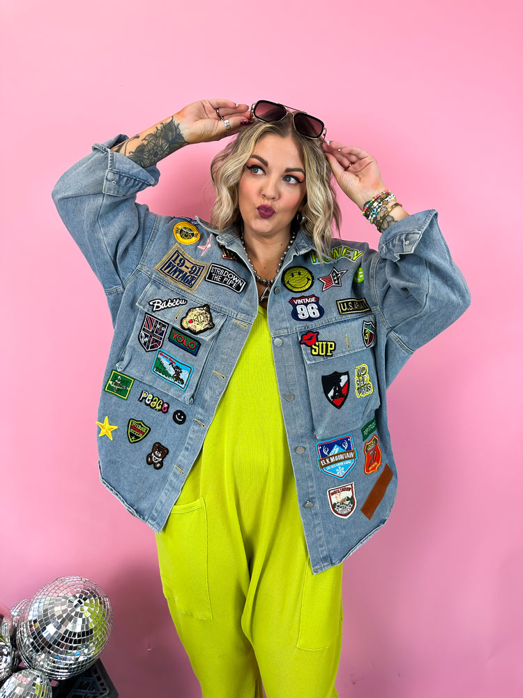 NO BAD VIBES PATCHED OUT LUXE JACKET IN DENIM