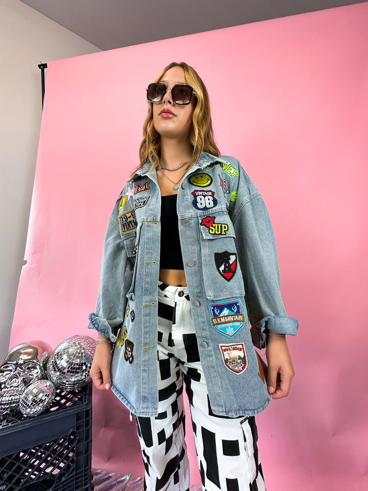 NO BAD VIBES PATCHED OUT LUXE JACKET IN DENIM