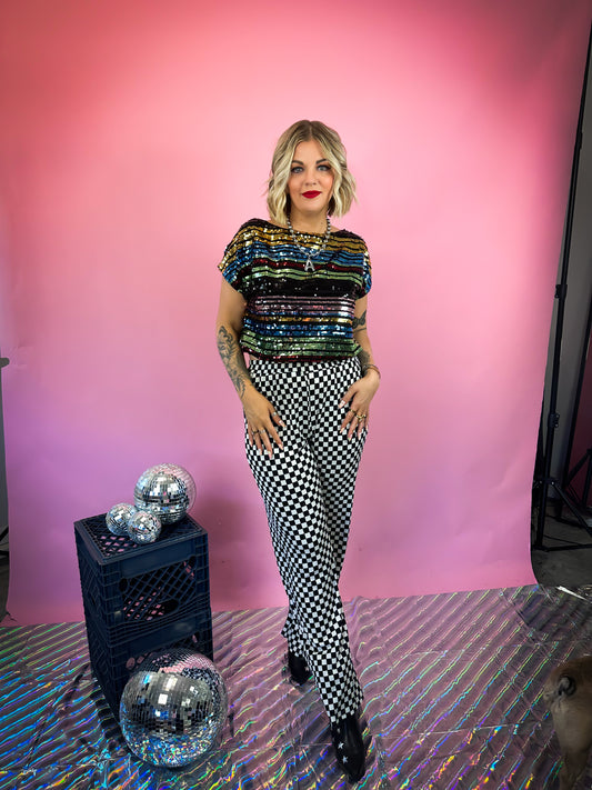 DAYTRIPPIN CHECKERED RIBBED PANTS IN BLACK