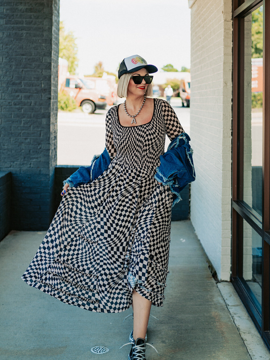 LADY LUCK CHECKERED MESH DRESS