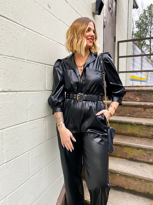 JETSETTER GIRL FAUX LEATHER JUMPSUIT in *Black*