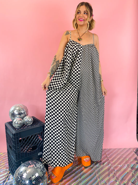 MEET ME BACKSTAGE CHECKERED WIDE LEG JUMPSUIT